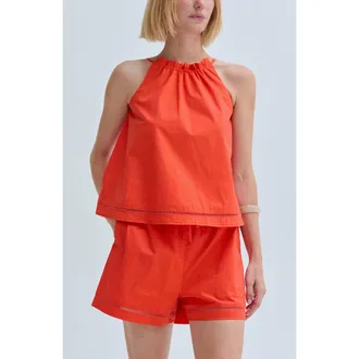 Crescent Poplin Lattice Trim Halter Top in Burnt Orange at Nordstrom, Size X-Small