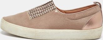 Gina Beige/metallic Calf Hair And Leather Crystal Embellished Slip On Sneakers