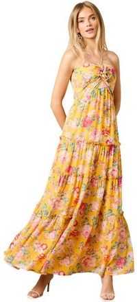 Oasis Rosette Detail Halterneck Midi Dress in Yellow at Nordstrom, Size 10