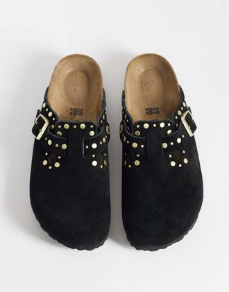Birkenstock Boston sabot in suede con rivetti neri-Nero