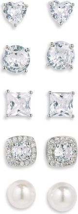 Nordstrom Rack 5-Pack Assorted CZ & Faux Pearl Stud Earrings in Clear- White- Silver at Nordstrom Rack