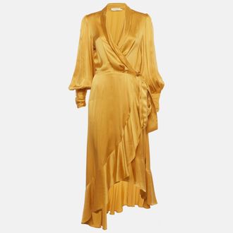 Zimmermann Gold Satin Ruffle Wrap On Midi Dress