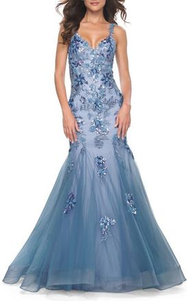 La Femme Mermaid Two Tone Prom Dress with Sequin Lace Beaded Applique in Slate Blue at Nordstrom, Size 14