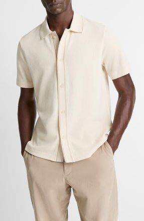 Vince Short Sleeve Jacquard Cotton Knit Button-Up Shirt in Bone/River Sand at Nordstrom, Size Large