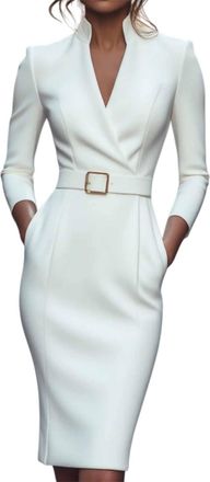 Generic Retro Dress for Women,Belted Dress with Collar, Long Sleeve Elegant V Neck Blazer Business Casual Dresses for Women White