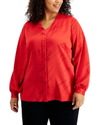 Alfani Printed Button-Front Blouse - Plus In Red Lin Breeze