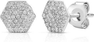 MAX + STONE Solid 10K White Gold 0.17 Carat Hexagon Real Diamond Cluster Stud Earrings