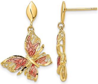 Diamond2Deal 14k Yellow Gold Pink Enamel Butterfly Drop Dangle Earrings