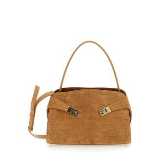 Ferragamo Beige Ginevra Shoulder Bag with Adjustable Strap and Crocodile-Embossed Effect in Suede for Women Goat