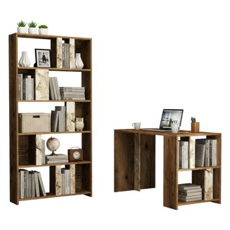 Dmora Dmora - Escritorio Mirach, Escritorio Multiusos, Mesa De Oficina Para Pc, El Plan De Trabajo, 120x60h75 Cm, Nogal Y M&aacute;rmol Blanco, Con Embalaje Reforz
