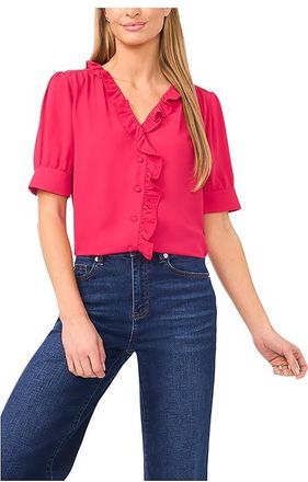 CeCe by Cynthia Steffe Short Puff Sleeve Button Down Ruffled Top Womens Clothing Ruby Blush : SM, Polyester