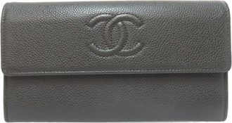 Chanel Gray Leather Long Wallet (Tri-Fold) (Pre-Owned)