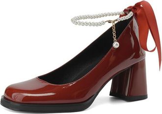Generic Womens Vintage Square Toe Patent Leather Pumps Pearl Chain Ankle Strap Bow Block Heels Soft Insole Comfortable Office Work Shoes,Red,3.5 UK