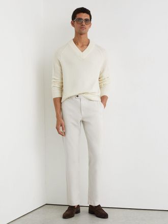 Reiss Off White Cotton Pique Chino Trousers, 38