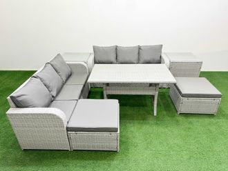 Fimous Outdoor Garden Furniture Sets 8 Seater Wicker Rattan Furniture Sofa Sets w/ Rectangular Dining Table high Back Lounge Sofa 2 Big Footstool 2