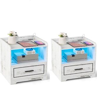 Costway Costway - 2 Mesa De Noche Led, Mesita De Noche Inteligente Con 1 Puerto Usb Y 1 Type C, Estante Y Caj&oacute;n, 3 Colores De Luz, Iluminaci&oacute;n Ajustable, Indu