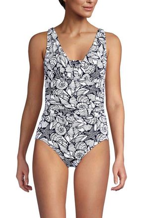 Lands End SlenderSuit Grecian Tummy Control Chlorine Resistant One Piece Swimsuit in Tossed Shells/deep Sea Navy at Nordstrom, Size 14