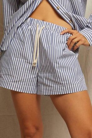 perfectwhitetee Riley Woven Striped Short In Chambray Stripe