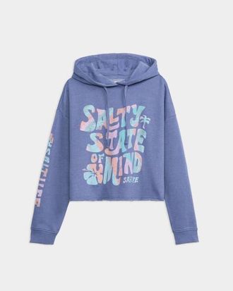 Salt Life Salty Mind Long Sleeve Ocean Wash Fleece Cropped Hoodie in Indigo at Nordstrom, Size Small