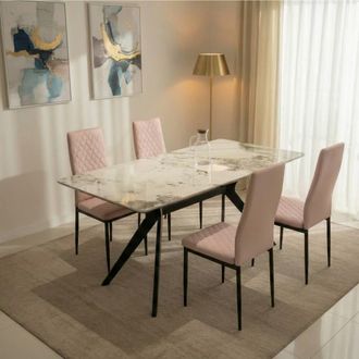 Outdoor Living San Diego Marble Top Dining Table with Emily Leather Chairs in Pink