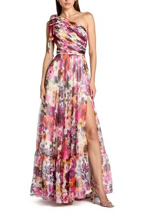 Mac Duggal Womens One Shoulder Floral Maxi Gown with Side Cutout in White Multi at Nordstrom, Size 8