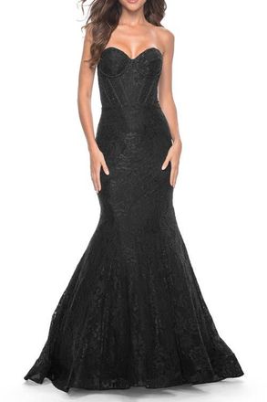 La Femme Mermaid Stretch Lace Dress with Bustier Top and Sheer Back in Black at Nordstrom, Size 10