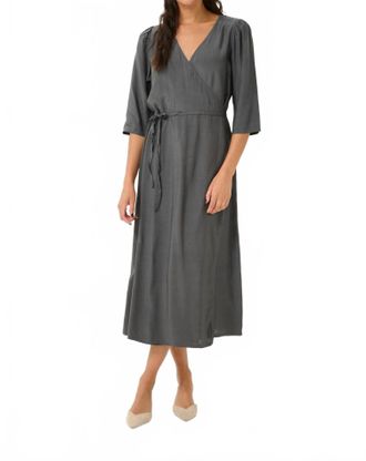 Kaffe Kamira Half Sleeves V-Neck Wrap Midi Dress In Charcoal Grey