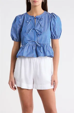 Sugarlips Vester Tie Front Puff Sleeve Top in Blue/white at Nordstrom, Size X-Large
