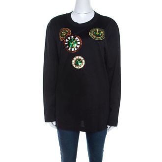 Escada Black Rib Knit Cotton Embellished Clock Applique Long Sleeve Top