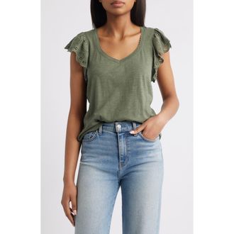 Wit & Wisdom Eyelet Flutter Sleeve Jersey T-Shirt in Oreg-Oregano at Nordstrom Rack, Size X-Large