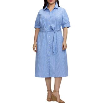 Foxcroft Esther Belted Stripe Cotton Shirtdress in Blue Multi at Nordstrom, Size 1 X