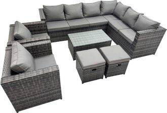 Fimous Fimous Patio Sofa Oblong Coffee Table Set Rattan Garden Furniture Set with 2 Chairs 2 Small Stools Dark Grey Mixed