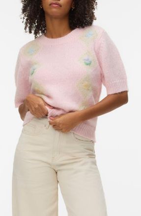 Vero Moda Madden Floral Argyle Plaid Short Sleeve Sweater in Pink-A-Boo at Nordstrom, Size X-Small