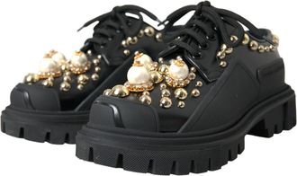 Dolce & Gabbana Womens Black Leather Trekking Derby Embellished Shoes