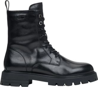 Estro & Luminara Platform Enkellaarsjes - Dames - Veterlaarzen - Zwart - 38 EU - Leer - Schoenen