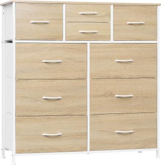 Woltu Cassettiera Con 10 Cassetti, Cassettiera In Tessuto, Struttura In Metallo, Legno Lngegnerizzato E1,rovere Chiaro+bianco - Woltu