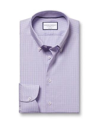 CHARLES TYRWHITT Non-Iron Stretch Oxford Checkered Cotton Formal Shirt - Lilac Single Cuff Size 16/33 by Charles Tyrwhitt