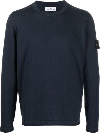 Stone Island Navy Blue Cotton Blend Sweater With Ribbed Detailing