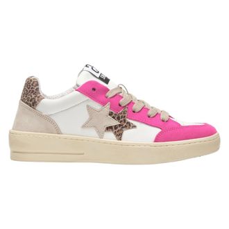 2Star 2Star, Schoenen, Dames, Veelkleurig, 38 EU, Leer, Witte leren sneaker met fuchsia, luipaard en ijs details