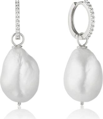 Lily & Roo Silver Diamond Style Slim Baroque Pearl Drop Huggie Hoop Earrings
