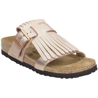 Papillio Maddie Fringe Metallic Leather Unisex Slides Sandals - Rose - Size:UK 4.5