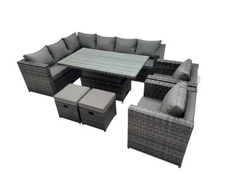Fimous 10-seater Rattan Garden Furniture Dining Set with 2 Small Stool in Dark Grey