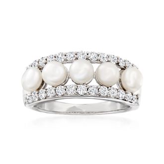 Ross-Simons 4.5mm Cultured Pearl and White Topaz Ring in Sterling Silver