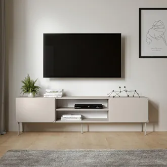 Dmora Mobile Porta Tv Cesara, Un Ripiano, 2 Ante, Con Piedini In Metallo, 200x42x57h Cm Beige