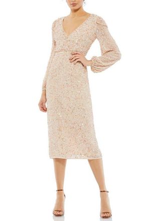 Mac Duggal Sequin Faux-Wrap Cocktail Dress with Puff-Shoulder Sleeves & Midi Skirt in Nude at Nordstrom, Size 6