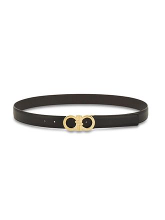 Ferragamo Narrow Black Calfskin Belt with Polished Gold-tone Buckle