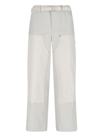 sacai Double Knee White Pants With Mid-Rise Waist And Reinforced Patches
