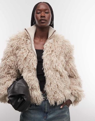 Weekday giacca boxy fit in pelliccia sintetica color talpa chiaro-Marrone