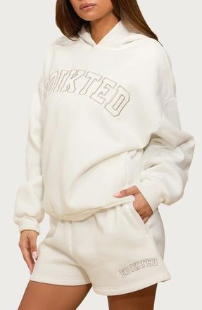 Edikted Edikted Girl Embroidered Logo Fleece Hoodie in White at Nordstrom, Size Medium