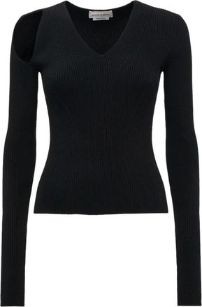 Alexander McQueen Zwarte Geribbelde Stretch Wollen Trui met Schuine Schouderuitsnijding - Dames - V-hals truien - Zwart - M - Wol - Truien & Vesten